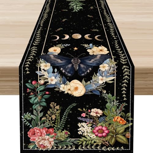 Moth Table Runner, Retro Floral Butterfly Moon Phase Starlit Stars Boho Table Center Decor for Home Kitchen Dining Patio Holiday Party Indoor Outdoor Table Decorations 13"x36" - color: Tr-moth05, size: 13x36" Table Runner
