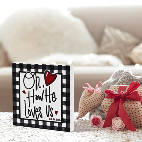Smile Christian Valentine's Day Wooden Decor, Buffalo Plaid Heart | Oh How He Loves Us, John 3:16 Ornament, Indoor Decoration, Gift Box Included - style: Christian Valentine