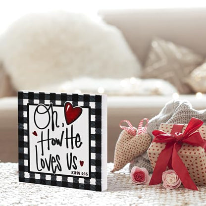 Smile Christian Valentine's Day Wooden Decor, Buffalo Plaid Heart | Oh How He Loves Us, John 3:16 Ornament, Indoor Decoration, Gift Box Included - style: Christian Valentine