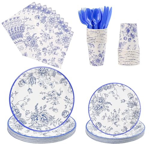 175Pcs Blue Floral Paper Plates and Napkins 25 Guests Blue Toile Chinoiserie Party Supplies Set Include Plates Napkins Cups Spoons Forks Knives for Birthday Wedding - color: Blue Floral