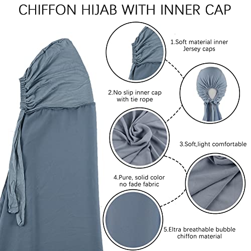 Instant Chiffon Hijab with Tie Back Under Cap Solid Color Soft Chiffon Scarf With Hijab Inner Caps For Muslim Women - color: Forever Blue
