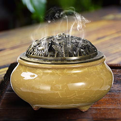Miupoo Incense Burner and Cone Incense Holder with Brass Incense Stick Holder Ceramic Ash Catcher,Yellow - color: Yellow