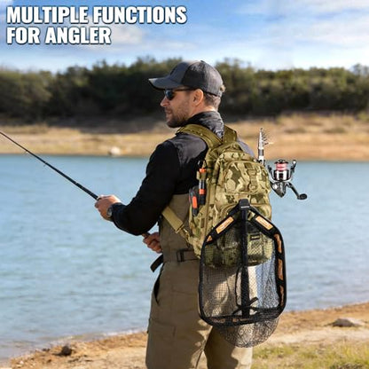 PLUSINNO Fishing Gear,Fsihing Backpack with Floating Fishing Net,Tackle Boxes,Waterproof Fishing Tackle Bag,Fishing Gifts for Men - color: Khaki Camo Backpack With Fishing Net