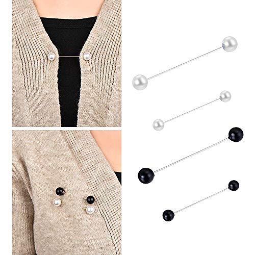 Sowaka 4 Pcs Sweater Shawl Pins Faux Double Pearl Black White Clothing Decoration Safety Pin Back Brooch Clasp Pins for Women Girls Blouse Cinch Dresses Cardigan Collar Shirt