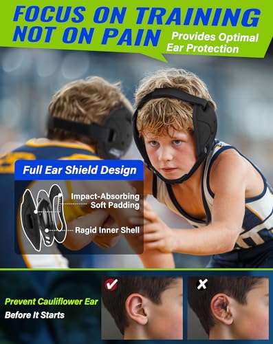 Trymaker Wrestling Headgear, Head Gear for Youth with Chin Cup & Pad, Dual Ear Guard for MMA, BJJ (Head Under 21", Ages 4–9) - color: Black Headgear & Black Strap