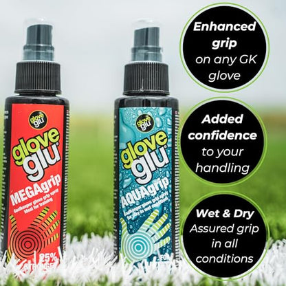 gloveglu Goalkeeper Glove Spray Bundle | 120ml Goalkeeper Glove MEGAgrip Spray + 50ml Goalkeeper Glove Wash & Prepare Spray | Ideal for Goalies, Soccer Training & Match Day Performance - style: MegaGrip + AquaGrip