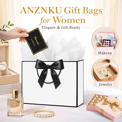 ANZNKU 2PCS White Gift Bags Medium, Gift Bags with Handles 4 Tissue Paper 2 Ribbons 2 Cards for Women & Men Birthday Graduation Wedding Engagement Bridal Baby Shower Presents Party Favors Wrapping - color: Classic White