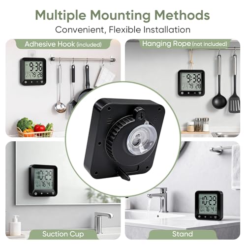 Digital Waterproof Shower Clock, Bathroom Kitchen Clock with Countdown Timer, Wall Clock with Large LCD Display, Temperature, Touch Button, Suction, Hanging Hole, Battery Operated I Black - color: Black