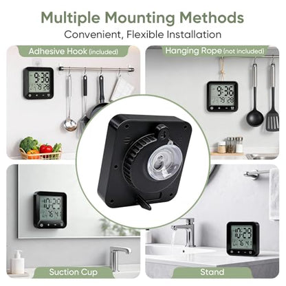 Digital Waterproof Shower Clock, Bathroom Kitchen Clock with Countdown Timer, Wall Clock with Large LCD Display, Temperature, Touch Button, Suction, Hanging Hole, Battery Operated I Black - color: Black