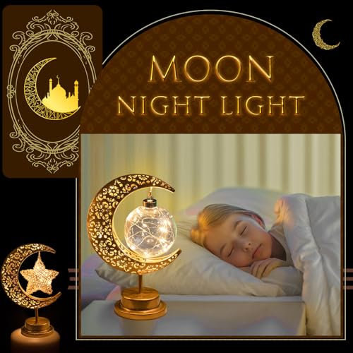 Tujoe 3 Pcs Ramadan Decorations for Home Rustic Moon Lamp Ramadan Star Moon Metal Lights Battery Operated LED Crescent Light Eid Decorations for Home Bedroom Table Ramadan Eid Mubarak Party Decor