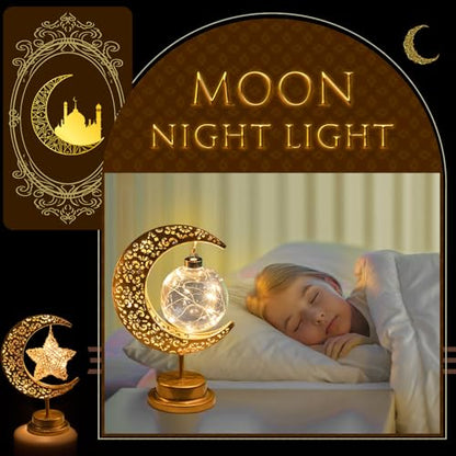 Tujoe 3 Pcs Ramadan Decorations for Home Rustic Moon Lamp Ramadan Star Moon Metal Lights Battery Operated LED Crescent Light Eid Decorations for Home Bedroom Table Ramadan Eid Mubarak Party Decor