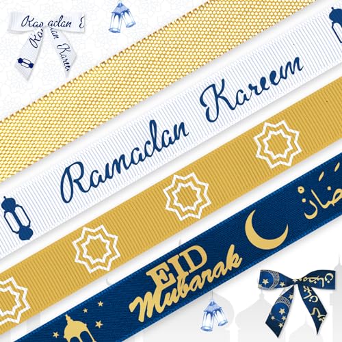 4 PCS Ramadan Ribbons 3/8" Eid Mubarak Decor Ribbons Gold Ramadan Kareem Words Moon Star Grosgrain Ribbon for Eid Ramadan Decoration Islamic Muslim Party Favor Gift Wrapping Crafts Decoration Supplies - color: White, Deep Blue, Gold