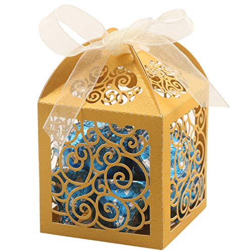 KPOSIYA 100 Pack Wedding Favor Boxes Laser Cut Boxes Party Favor Box Small Gift Boxes Lace Candy Boxes for Wedding Bridal Shower Baby Shower Birthday Party Anniverary with Ribbons (Gold, 100) - color: Gold 100