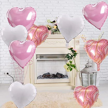 Pink Agate Heart Balloons, 10 Pcs White Foil for Valentine Girls Birthday - color: Glossy-pink White Agate