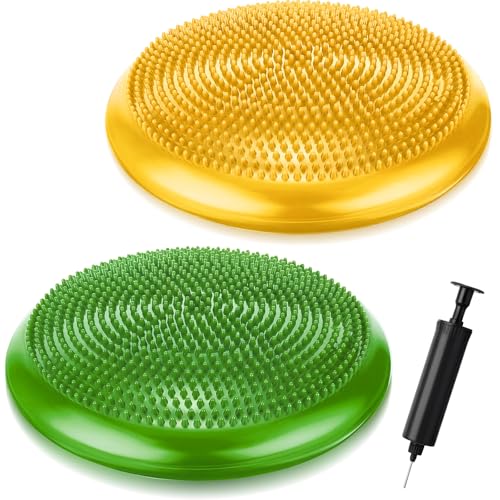 Outus 2 Pcs Balance Disc Inflated Wobble Cushion for Sensory Kids 13. 4 Inch Wiggle Seat Flexible Seating with Hand Pump for Kids Men Women Classroom Exercise Office Home Chair - color: Yellow, Green