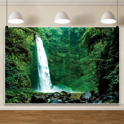 Jungle Waterfall Backdrop 7x5ft Green Woodland Tropical Rainforest Mountain Lake Photography Background Wedding Adventure Traveling Natural Scenery Birthday Party Photo Banner Decor - color: Green01, size: 7x5ft