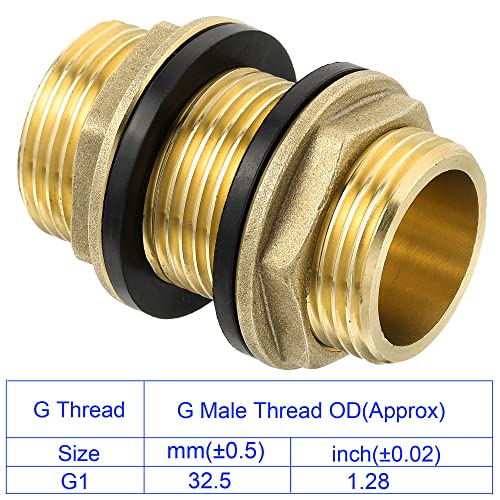 M METERXITY Bulkhead Fitting - Water Tank Connector, Brass Threaded Fitting Adapter with 2 Rubber Gasket, Apply to Outdoor/Garden/Pools(G1 Male) - size: G1
