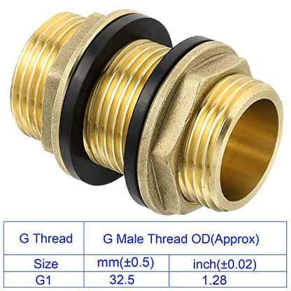 M METERXITY Bulkhead Fitting - Water Tank Connector, Brass Threaded Fitting Adapter with 2 Rubber Gasket, Apply to Outdoor/Garden/Pools(G1 Male) - size: G1
