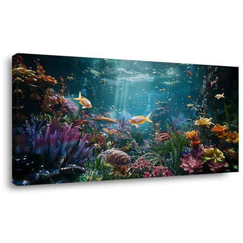 Palderwallart Underwater Animal World and Plant Landscape Canvas Wall Art for Bathroom Bedroom Home, Beautiful Nature Scenery Painting Print Picture Decor Artwork, Wrapped Gift Inner Frame 20x40 Inch - color: Colorful Underwater World Wall Art (S050), siz
