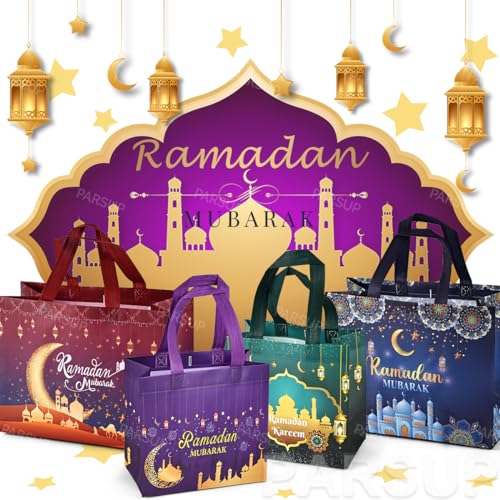 24PCS Ramadan Mubarak Reusable Gift Bags, Assorted Sizes Treat Bags with Handles, Ramadan Mubarak Party Bags, Multifunctional Non-Woven Ramadan Bags for Gifts Wrapping, Ramadan Kareem Party Supplies