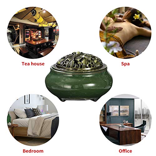 Miupoo Stick Incense Burner and Cone Incense Holder with Brass Incense Stick Holder Ceramic Ash Catcher (Dark Green) - color: Dark Green