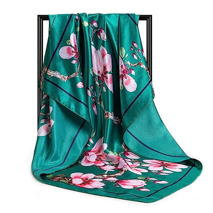 DRESHOW 35” Large Square Satin Head Scarf - 4Pcs Silk Accessories Classic Patterned Squares Beach Bandanas for Women - color: Floral Silk Scarf Set: Teal,pink,beige,burgundy