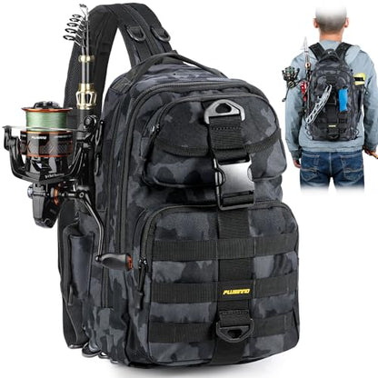 PLUSINNO Fishing Backpack, Fishing Bag, Waterproof Fishing Sling Tackle Bag For Fishing Gear With Rod Holder, Fishing Gifts for Men - color: Single Backpack No Tackle Box