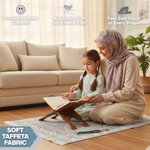 Muslim Prayer Rug with Islam Prayer Beads - Travel Prayer Mat, Islamic Gifts for Women, Portable Prayer Matt Islam, Islamic Prayer Rug Islam Men Women, Praying Mat for Muslim Gifts, Gray - color: Grey