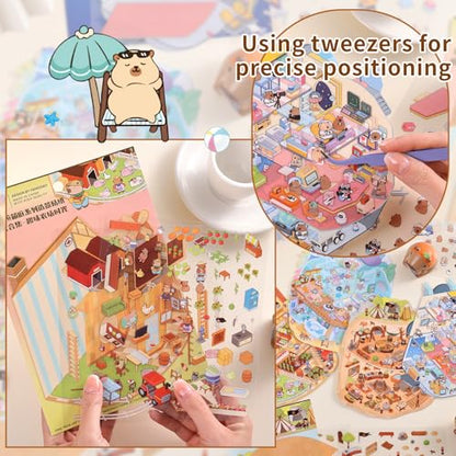 Girls 3D Miniature Scene Stickers, 4 Sets World Adventure DIY House Stickers for Space, Caves, Farms, Underwater World, Cute 3D Cartoon Sticker Scenes for Adult Kids Relief Stress Pass The Time - style: Adventure World