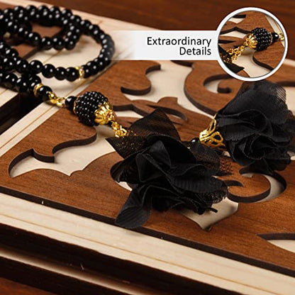 BABY SHOWER CHOCOLATE Prayer Rug Islamic Gift Set, Velvet Prayer Mat, Prayer Beads, Scarf and Yaseen Book, Perfect Family and Muslim Eid Gifts (Black) - color: Black