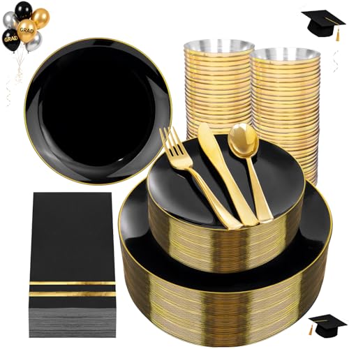NOCCUR 350PCS Black and Gold Plastic Plates - Black Disposable Dinnerware Set for 50 Guests, 100 Dinner/Dessert Plates, 150 Gold Silverware, 50 Cups&50 Napkins for Party/Birthday/Graduation - color: Classic Black