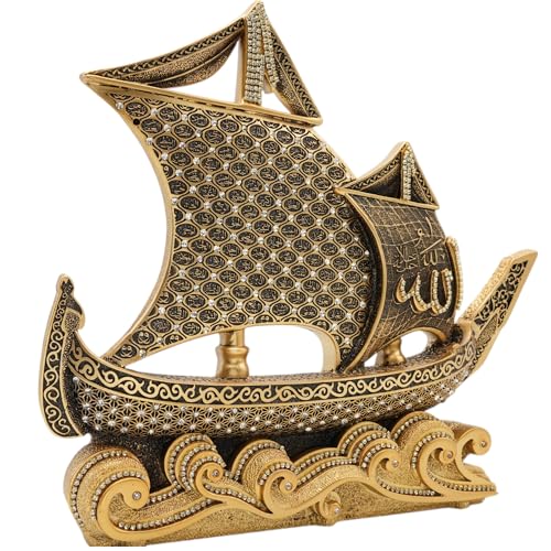 Modefa Islamic Table Decor – 99 Names of Allah Boat Showpiece | Muslim Home Decor, Islamic Calligraphy Art, Ramadan Eid Gift, Hajj Gifts (Gold) - color: Gold