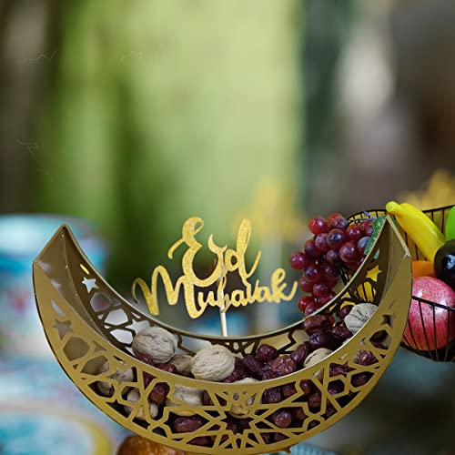 KYMY Ramadan Eid Mubarak Dessert Tray, Moon Star Metal Plate Tray for Islamic Muslim Festival Party, Dessert Food Fruit Storage Tableware for Ramadan and EID Mubarak (Moon)