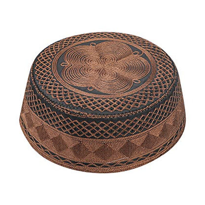 Muslim Prayer Kufi Hat for Men Boys Islamic Beanie Skull Cap Prayer Headwear Embroidery Kofia Topi Sun Hat Ramadan Eid Gift - color: Dark Coffee, Chain Embroidery