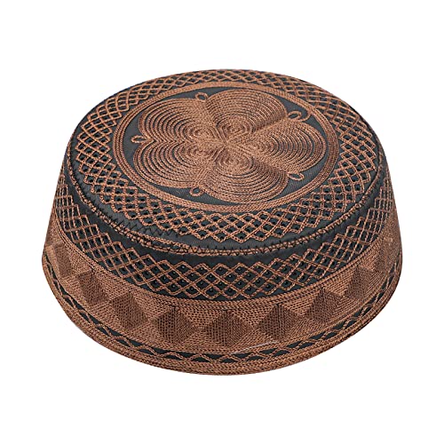 Muslim Prayer Kufi Hat for Men Boys Islamic Beanie Skull Cap Prayer Headwear Embroidery Kofia Topi Sun Hat Ramadan Eid Gift - color: Dark Coffee, Chain Embroidery
