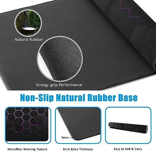 Grid with Purple Light Large Gaming Mouse Pad,Waterproof Desk Mat for Desktop,Non-Slip Rubber Base Mousepad with Stitched Edges for Laptop Office and Home 35.4X15.7 Inch - color: Grid With Purple Light