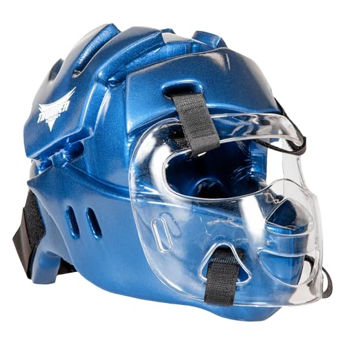 Karate Sparring Full Head Gear with face Shield - color: blue, size: adult large