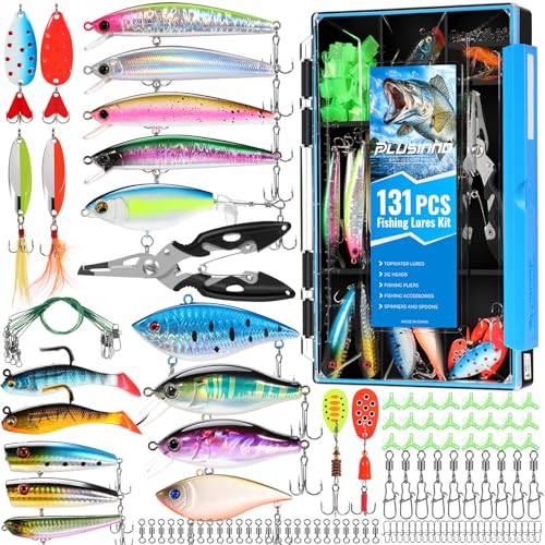 PLUSINNO Fishing Lures Fishing Tackle Box Fishing Gifts for Men, Bass, Trout Fishing Accessories Kit for Saltwater & Freshwater Fishing Gear Including Topwater Lures, Hooks, Spinnerbaits - color: 131pcs Fishing Accessories Kit