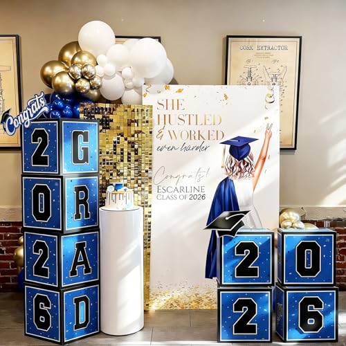 2026 Graduation Decorations, 4Pcs Graduation Boxes with 60pcs Blue Gold Balloons for College, High School, Prom Party Supplies