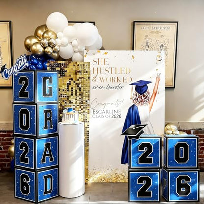 2026 Graduation Decorations, 4Pcs Graduation Boxes with 60pcs Blue Gold Balloons for College, High School, Prom Party Supplies