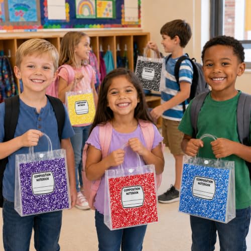 Cinrobiye 24 Pcs Composition Notebook Back to School Gift Bags with Handles, Clear Reusable Student Welcome Goodie Bags for Classroom Prizes, Teacher Gifts, School Party Favors & First Day of School Supplies - color: Colorful2