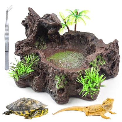 kathson Resin Reptile Bowl Bearded Dragon Food Dish Lizard Water Dish Reptiles Feeding Bowls with Feeder Tweezer for Leopard Gecko Tortoise Chameleon Water Frog Hermit Crab