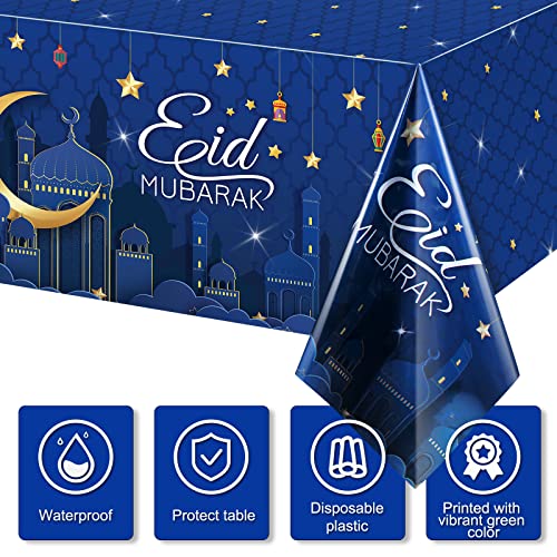Tiamon 3 Pieces Eid Mubarak Tablecloth Plastic Ramadan Table Cover Decorations Rectangular Eid Mubarak Table Cloths Eid Mubarak Party Supplies Favors for Ramadan and Eid, 54 x 108 Inch(Blue)