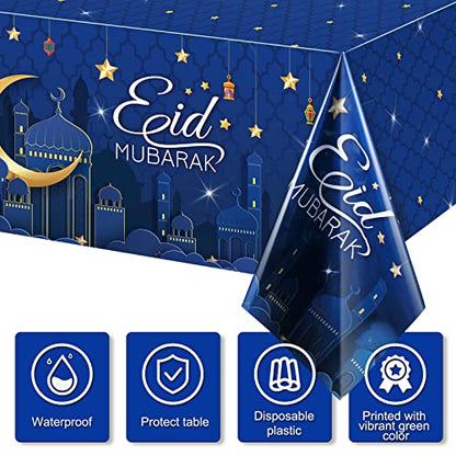 Tiamon 3 Pieces Eid Mubarak Tablecloth Plastic Ramadan Table Cover Decorations Rectangular Eid Mubarak Table Cloths Eid Mubarak Party Supplies Favors for Ramadan and Eid, 54 x 108 Inch(Blue)