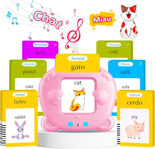 Spanish & English Talking Flash Cards for Toddler, Learning Montessori Toys with 224 Sight Words, Speech Therapy Toys, Children's Sensory Preschool Learning Educational Birthday - color: Pink