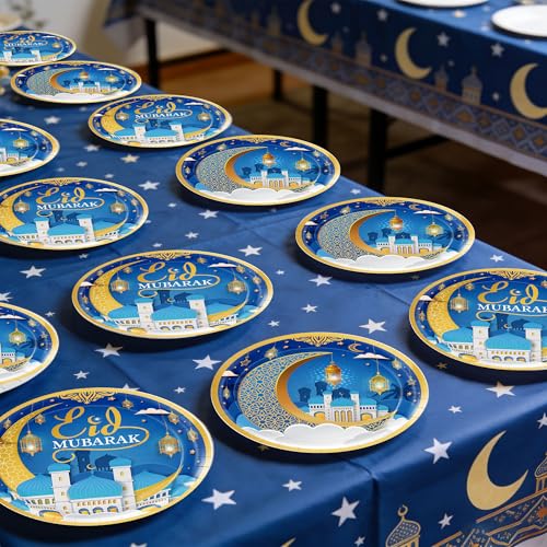 Ramadan Plates for Home Blue and Gold Eid Mubarak Ramadan 9 Inch 24Pcs Paper Plates for Ramadan Party Decorations