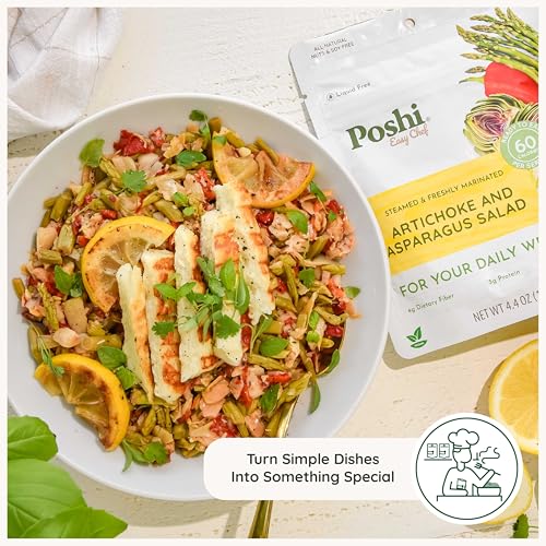 POSHI Artichoke & Asparagus Salad Natural, Keto, Vegan, Non GMO, Low Carb + Calorie, Gluten Free, Ready to Eat, Fully Cooked Vegetables, Pentry Food, Gourmet, Healthy, Travel Food, 6 Pack, 4.4 oz - size: 4.4 Ounce (Pack of 6)