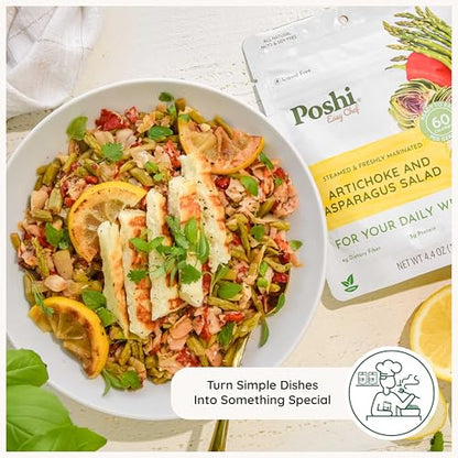 POSHI Artichoke & Asparagus Salad Natural, Keto, Vegan, Non GMO, Low Carb + Calorie, Gluten Free, Ready to Eat, Fully Cooked Vegetables, Pentry Food, Gourmet, Healthy, Travel Food, 6 Pack, 4.4 oz - size: 4.4 Ounce (Pack of 6)