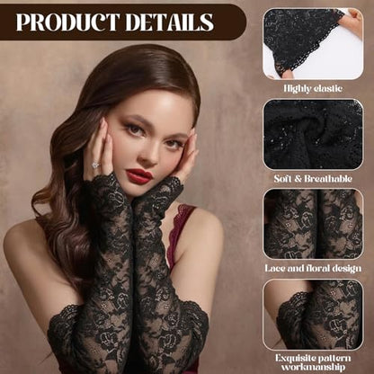 JATEBI 8 Pairs Women Lace Arm Sleeves, Floral Lace Hollow Arms Cover Elegant Long Fingerless Gloves for Wedding Tea Party