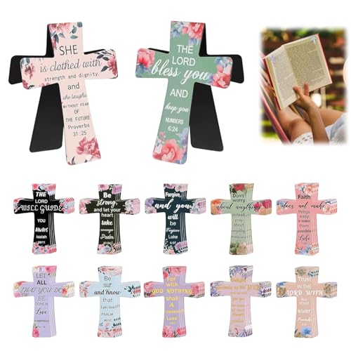 12 Pcs Magnetic Cross Bookmarks, Christian Bible Verse Bookmark Set, Religious Bible Verses Bookmarks Christmas Gifts,Bible Study, Inspirational Page Clips for Scripture Journaling